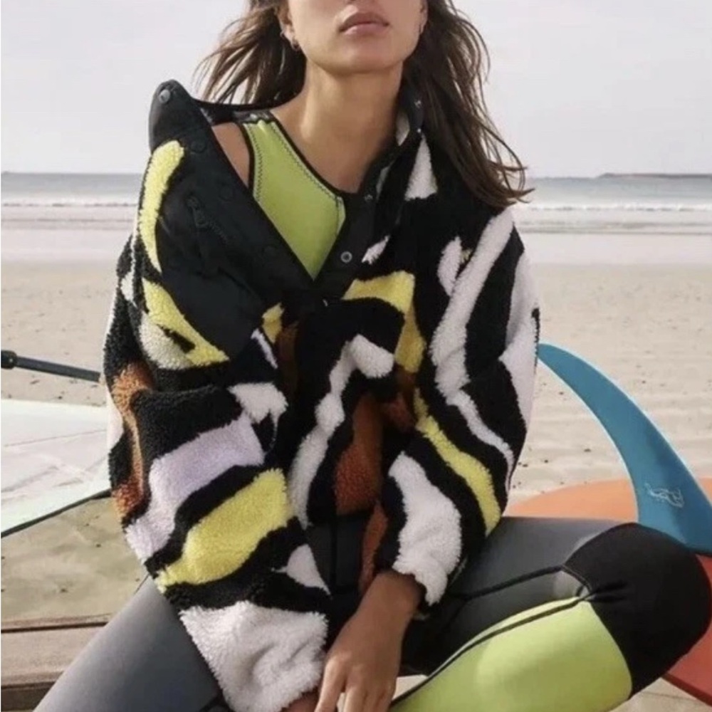 FP Movement by Free People Black, White, Yellow & Brown Sherpa Zip-Up Jacket
